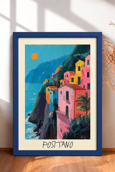 HOMEPACK Positano, narančasto sunce i šarene kuće, uokvirena slika, italijans...
