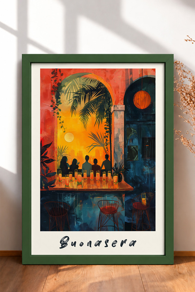 HOMEPACK Buonasera Written Sunset Bar Framed Painting Italy Poster Living Roo...