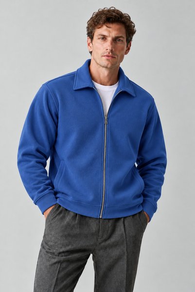 COMBİNE MİCHAİL Men's Comfortable Indigo Cardigan with Fleece Inside