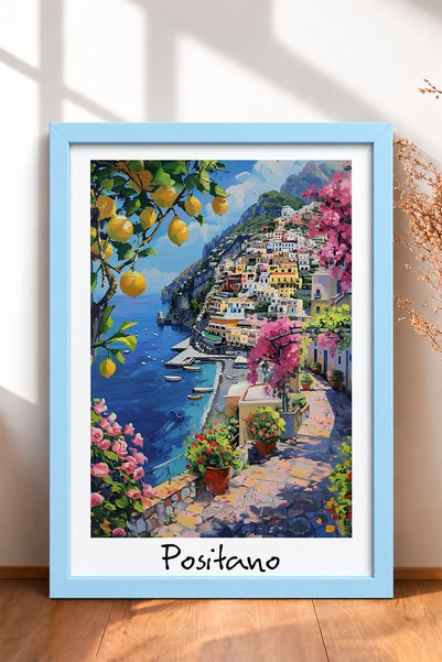 HOMEPACK Tablou înrămat Positano cu Bougainvillea și lămâie, poster Italia, d...