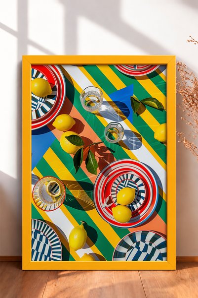 HOMEPACK Striped Table with Lemons and Plates Framed Painting Italy Poster Li...