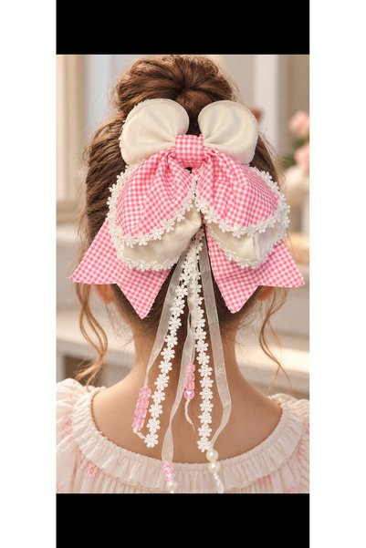 zamansız takı 🎀   Pink Gingham Patterned Dangle Bow Hair Clip with Pearl and...