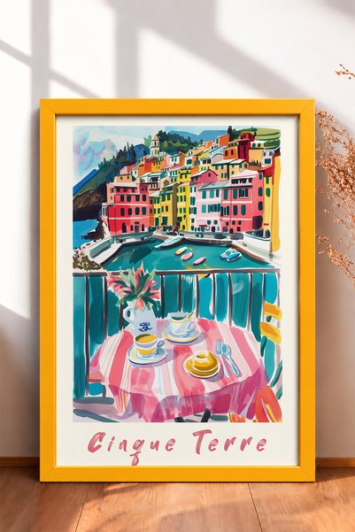 HOMEPACK Cinque Terre Balcony Breakfast Framed Painting Italy Poster Living R...