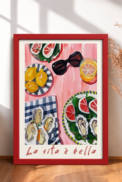 HOMEPACK La Vita È Bella Pink Table Oyster Framed Painting Italy Poster Wall ...