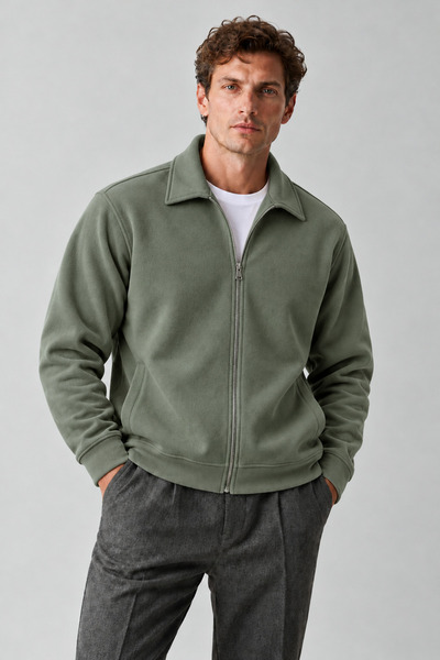 COMBİNE MİCHAİL Men's Comfortable Khaki Cardigan with Fleece Inside