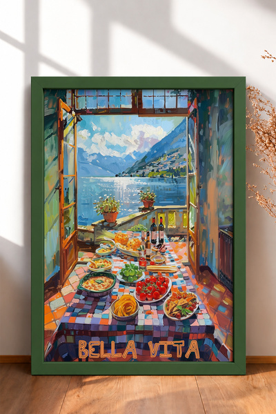 HOMEPACK Bella Vita Written Lake View Table Framed Painting Italy Poster Wall...