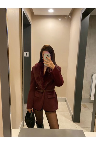 nesi collection Kadın Kürk Yaka Peluşlu Kaşe Kemerli Blazer Ceket