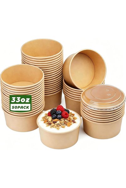 Generic 50 pack 33oz Disposable Paper Salad Bowls, Disposable Paper Food Cont...