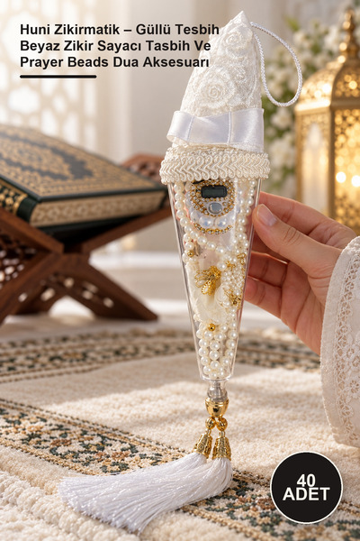 Yenilig 40 قطعة من الخرز الزكيرماتيكي - خرز تسبيح أبيض مع ورود، عداد ذكر، خرز...