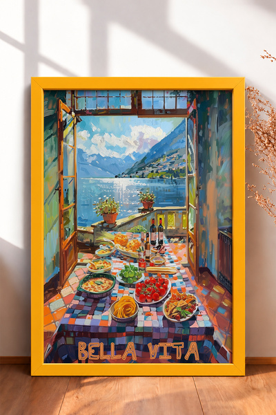 HOMEPACK Bella Vita Written Lake View Table Framed Painting Italy Poster Wall...