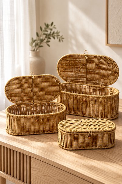 NEWNOW 3-Piece Wicker Basket Set with Lid Decorative Storage Box Bathroom Kit...