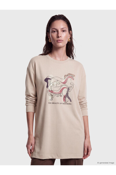 LC Waikiki Peak New Season Beige Soft Touch Oversize Women's Sweatshirt Tunic