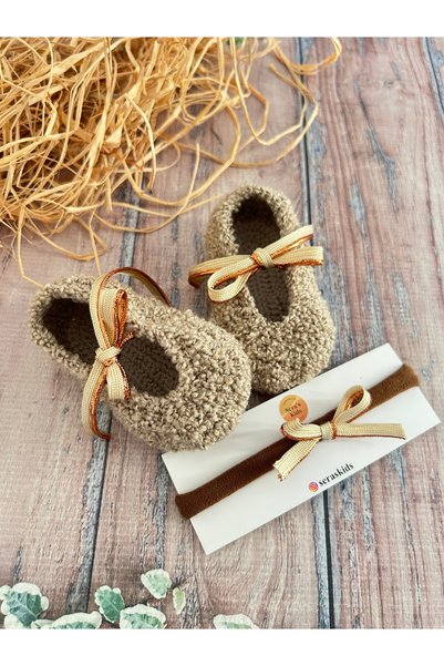 seraskids El Örgüsü Bej Teddy Bebek Babet Patik ve Bandana Takım