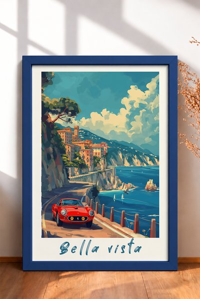 HOMEPACK Bella Vista Written Red Classic Car Framed Painting Italy Poster Wal...
