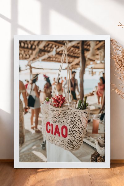 HOMEPACK Ciao Written Knitted Bag and Beach Bar Framed Painting Italy Poster ...