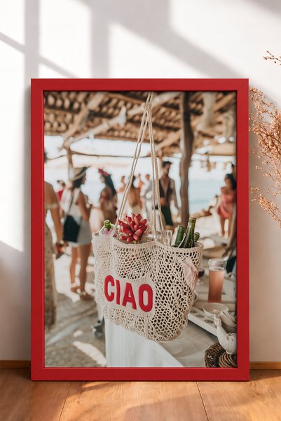 HOMEPACK Ciao Geantă de plasă cu text și tablou înrămat cu bar de plajă Poste...