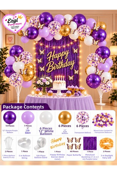 Ezgi Party Store Fairy Led Butterfly Chrome Purple Lilac Gold Birthday Concep...