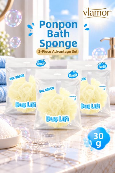 Vlamor Banlif Ponpon Bath Loofah Yellow 30 Gr, Soft Shower Sponge 3-Piece Adv...