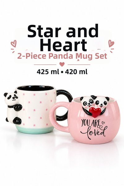 Rosie Set of 2 Mugs with Panda Figures and Star Theme