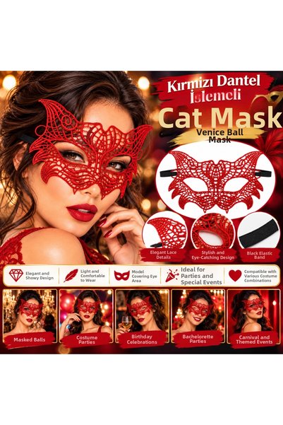 BŞK VİRGO Red Lace Embroidered Cat Mask – Venetian Ball Mask Bsk2026