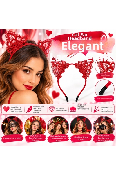 BŞK VİRGO Red Lace Cat Ear Crown – Party and Costume Accessory Bsk2026