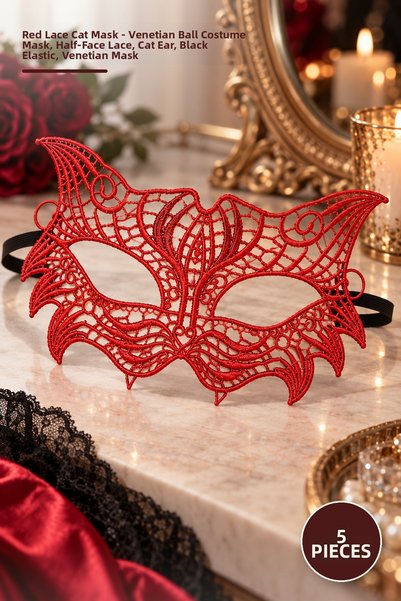 Yenilig 5 Pieces Red Lace Cat Mask – Venetian Ball Costume Mask, Lace Embroid...