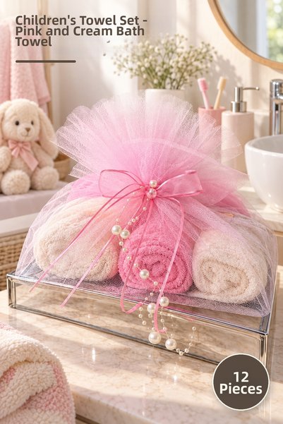 Yenilig 12-Piece Children's Towel Set – Pink and Cream Colored Bath Towels, K...