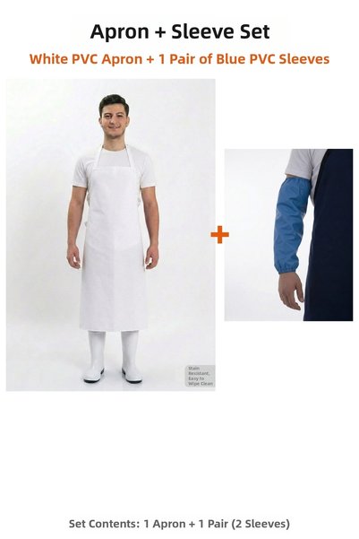 O.M.D Pvc Apron and Sleeve Set White Apron + Blue Sleeves – Dishwasher, Fishe...