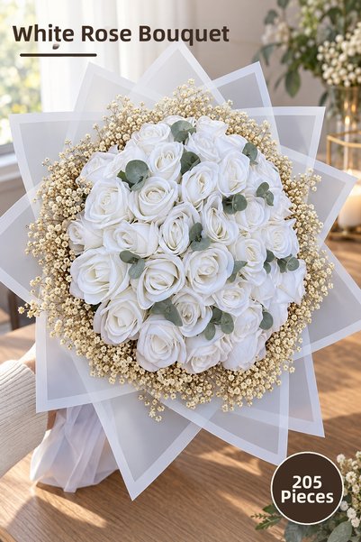 Yenilig 205 Pieces White Rose Bouquet