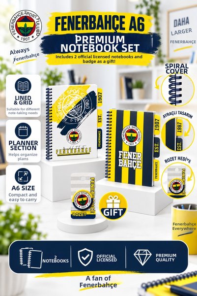 Fenerbahçe مجموعة دفاتر ملاحظات معتمدة بغلاف صلب مقاس A5، تتضمن مخططًا حلزوني...