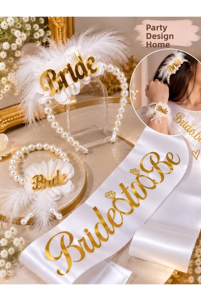 Dizayn Parti Evi Bride to Be Feathered Floral Pearl Detailed Crown Bracelet a...