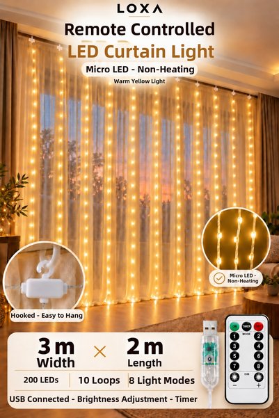 LOXA Perdea de Crăciun cu 200 de LED-uri, 3x2 metri, 10 franjuri, 8 moduri, c...