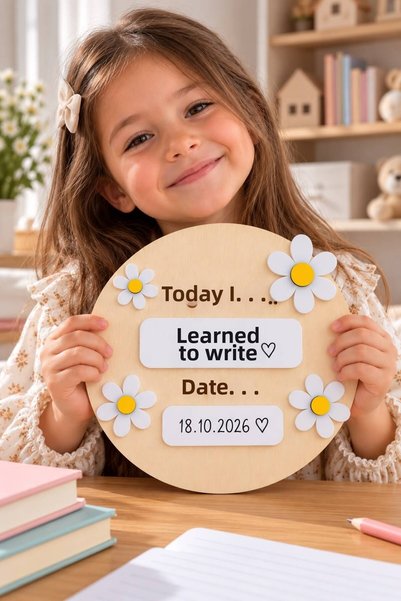 SOLIS DESIGN Baby First Memories Board 18X18 cm |   Papatyalı Wooden and Plexiglass Writable Photo Shooting Disc
