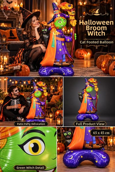 DODOMAR Halloween Witch with Broom and Cat Foil Balloon 65X45 cm Purple Orang...