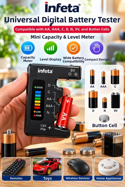 İnfeta Tester digital pentru baterii 6x9 cm AA AAA C D N 9V Contor de baterii...