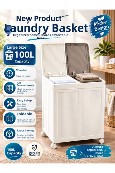 CocoVia Large Size Laundry Basket with Wheels Two Compartments Foldable Dirty...