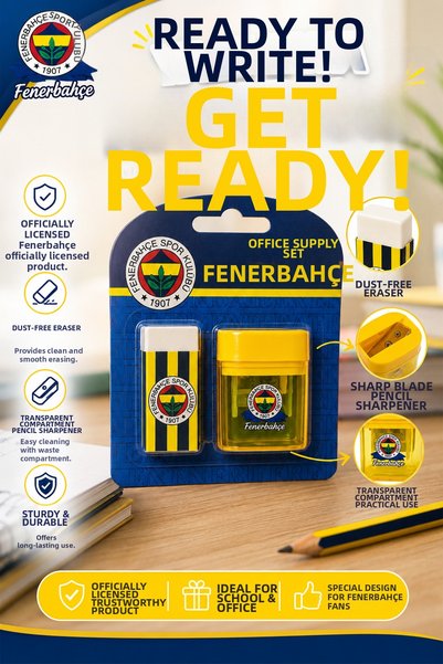 Fenerbahçe Licensed Eraser Pencil Sharpener Set, Double Hole Sharpener with C...