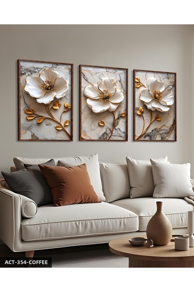 Evinemoda White Flower with Gold Leaves 3 Piece Wooden Framed Painting Act