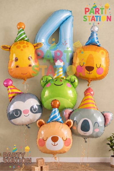 Parti Station Safari Animals Concept 4-Year-Old Blue Balloon Set 7-Piece Anim...