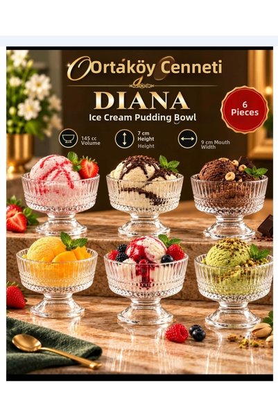 ORTAKÖYCENNETİ Ice Cream Bowl Pudding Bowl 6 Pieces Elysıa Model Footed Glass...