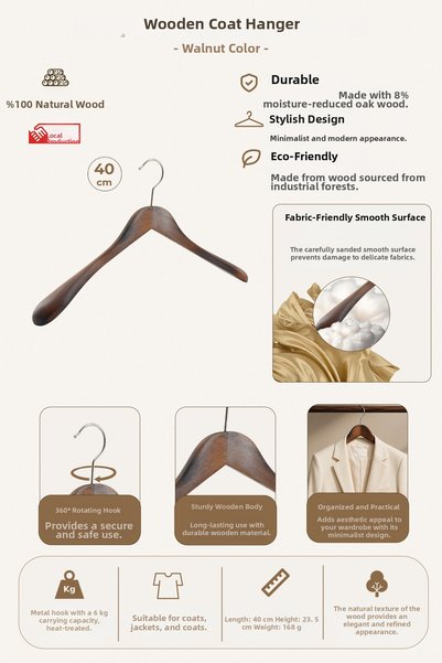 NYN Wooden M023 40cm Women's Coat, Coat Hanger Walnut Color 8 Pieces