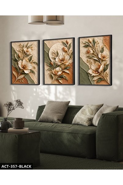 Evinemoda Textured Appearance Soft Color Flower 3 Piece Wooden Framed Paintin...
