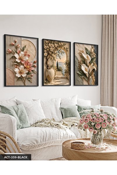 Evinemoda Textured Appearance Floral Landscape and Lily 3 Piece Wooden Framed...