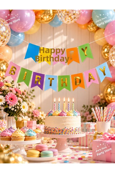 Parti Dükkanı Happy Birthday Colorful Gold Gilded Cardboard Banner – Golden L...