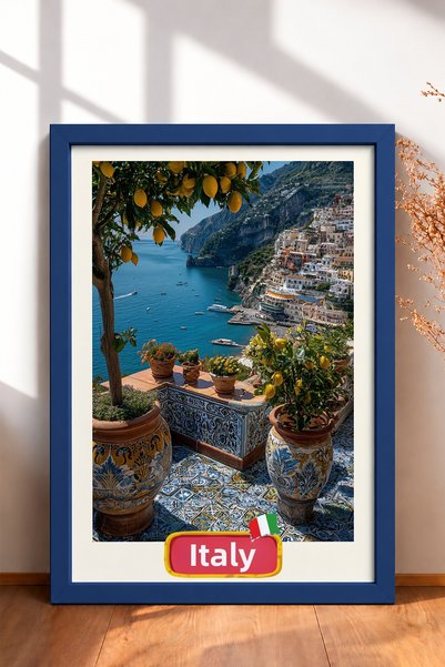 HOMEPACK Italy Written Tile Flowerpot Terrace Framed Painting Italy Poster Li...