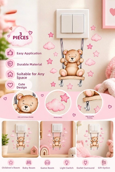 Buki'nin Atölyesi 3 Pieces of Pink Teddy Bear Swing Wall Sticker – Cloud and ...