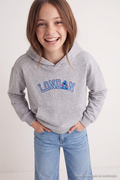 TRENDYOLKIDS Gray Melange Girls' Stitch Licensed Hooded Sweatshirt Tkdaw27Pt0...