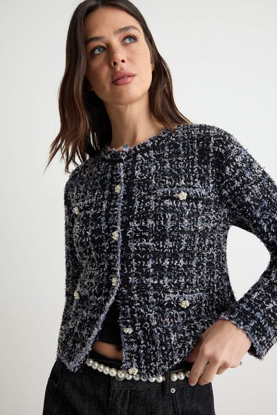Trendyol Collection Black Crop Tweed Look Soft Textured Knitwear Cardigan Two...