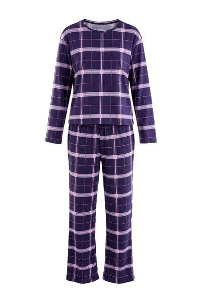 Trendyol Collection Purple 100% Cotton Plaid / Check Knitted Pajamas Set Thma...