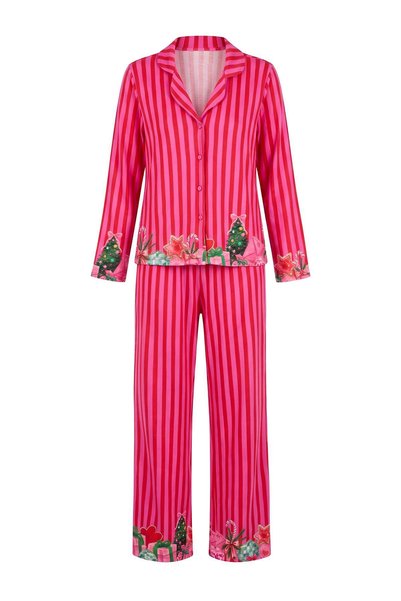 Trendyol Collection Pink 100% Cotton Christmas Themed Striped Knitted Pajamas...